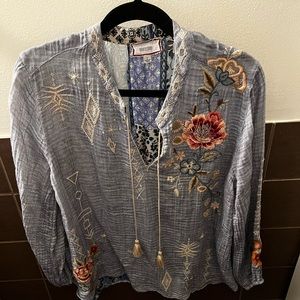 Johnny Was gauze/silk embroidered blouse
